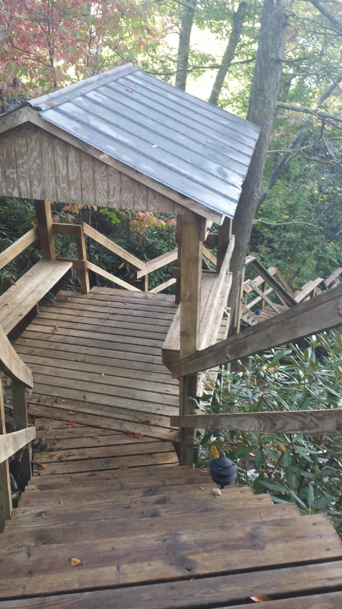 Metal roofed shelter over wooden steps on a wooded walkway — Skylight Repair & Installation work by our crew in Mountain Rest